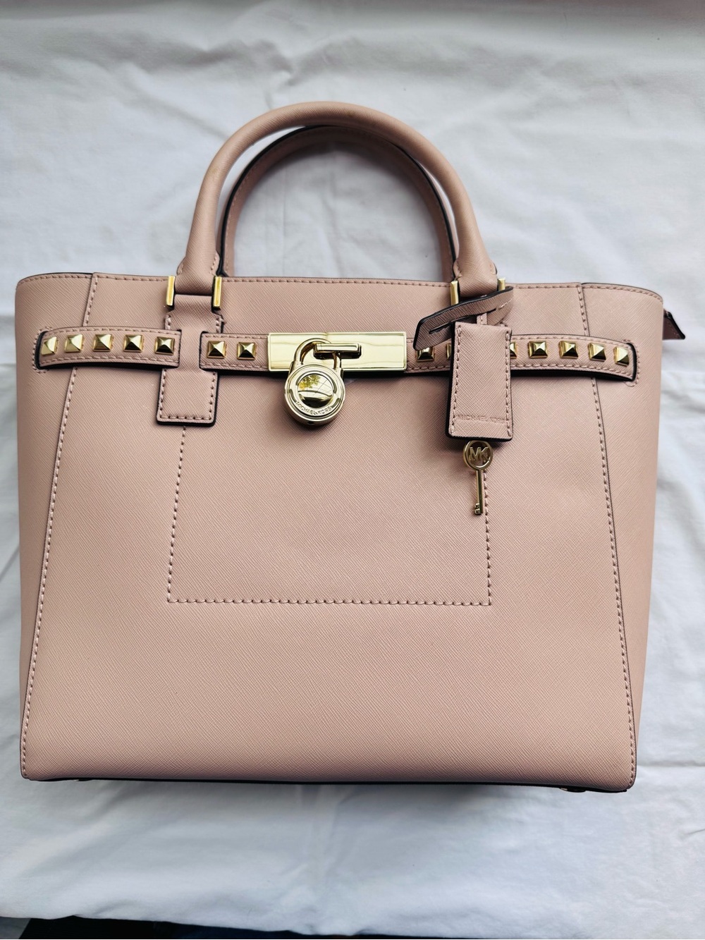 Michael Kors Blush Pink Saffiano Satchel with Gold Hardware and Studs